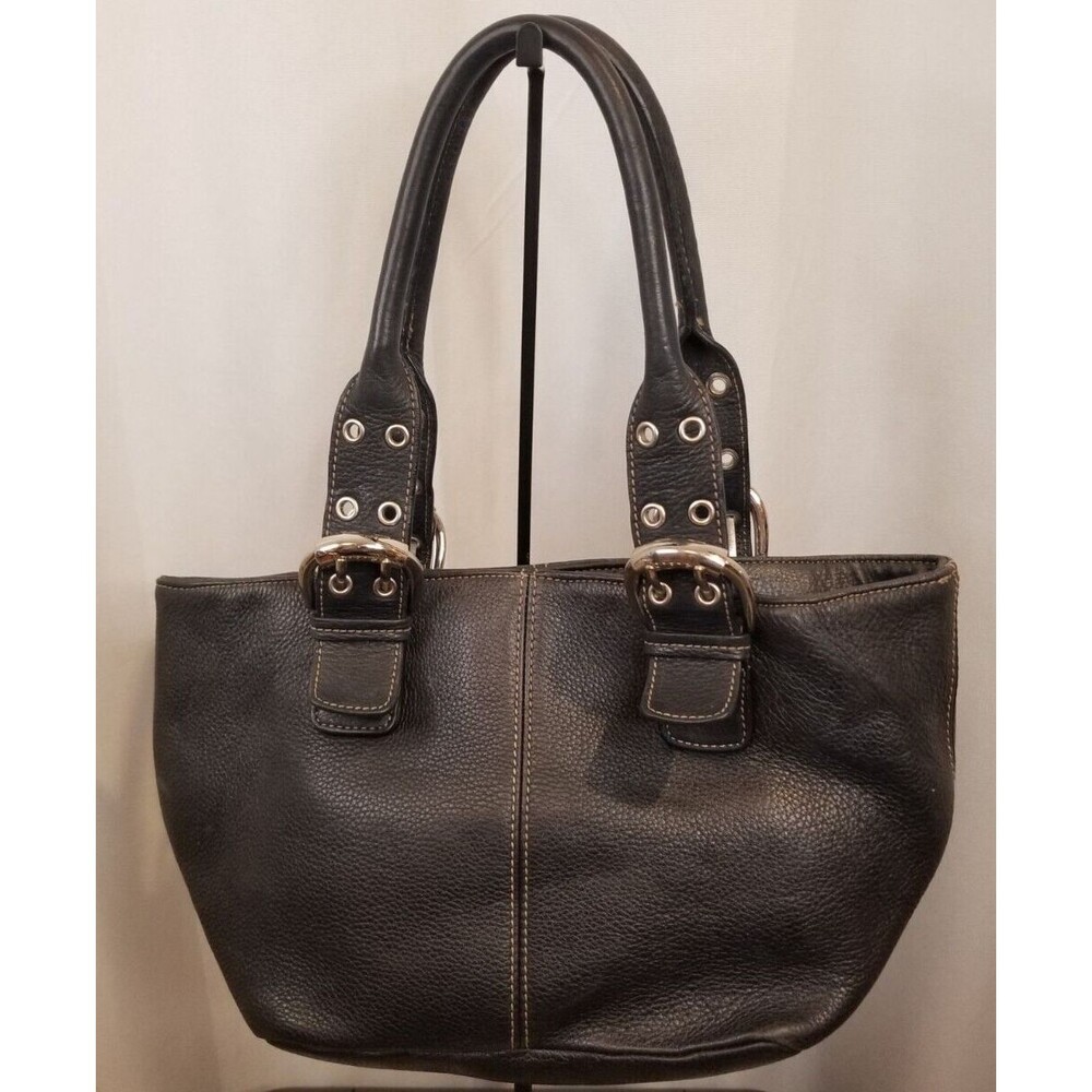 Tignanello Satchel Handbag Black Pebbled Leather Double Handle Footed
